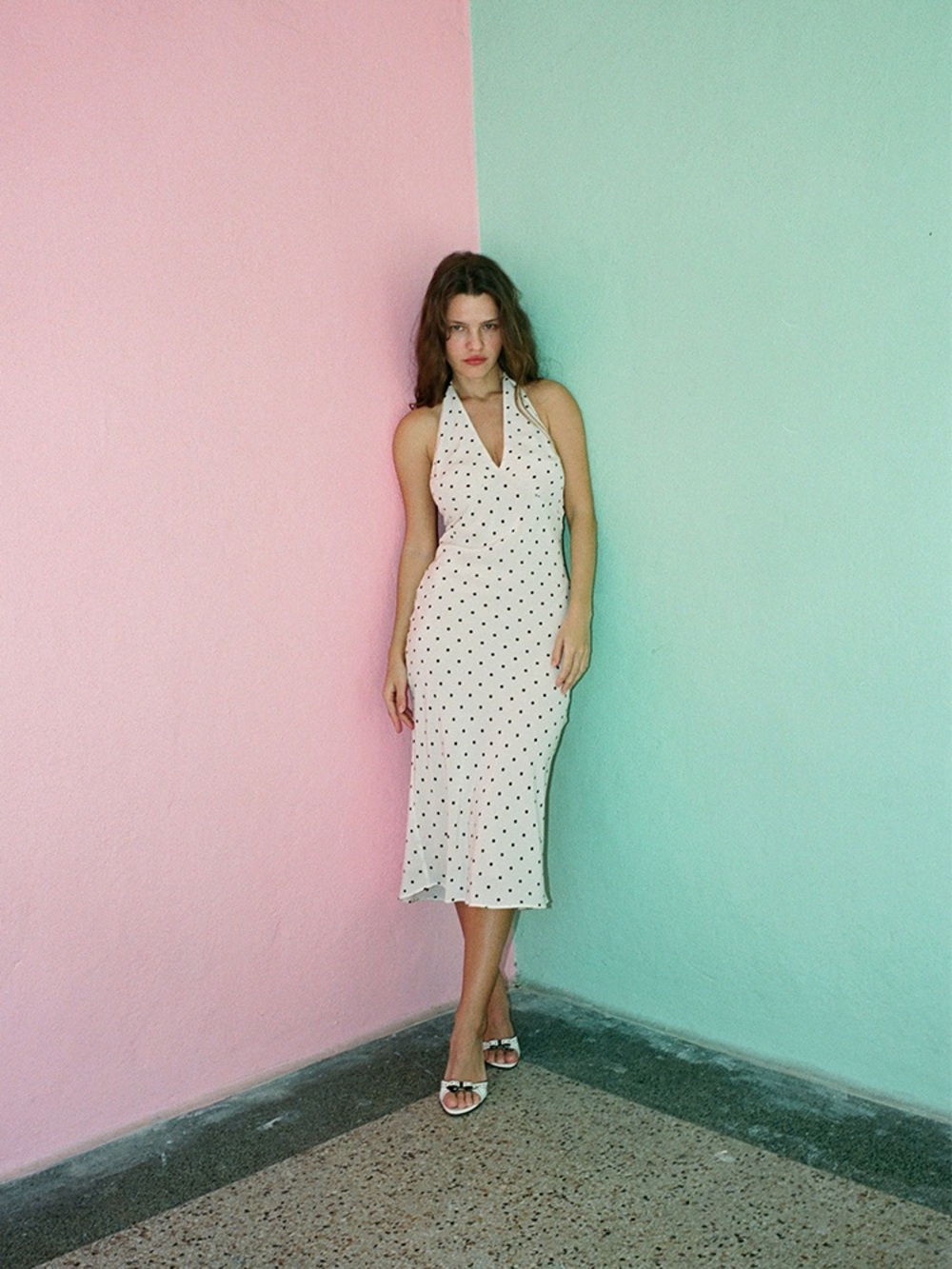 Realisation Par Large Sadie Halter Midi Dress in Petit Spot Polka Dot Silk